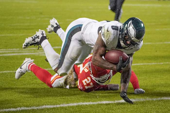 Philadelphia Eagles running back D'Andre Swift rushed for a touchdown in the first quarter.